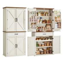 VASAGLE Credenza, Mobile da Cucina Alto 178,6 cm con Ante in Stile Fienile, Cassetto, Vassoio, Ripiani Regolabili, Dispensa per Cucina Sala da Pranzo, Bianco Vintage - Bianco - Visualizzare 7