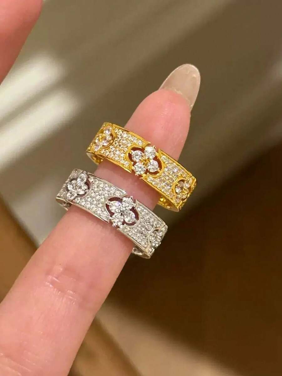 1 chiếc nhẫn cưới vĩnh cửu bằng thép không gỉ kiểu Pháp cổ điển, hình cỏ bốn lá may mắn và hoa sao, sang trọng, khảm họa tiết tinh tế. - Nhẫn kim cương hoa bốn lá - Xem 1