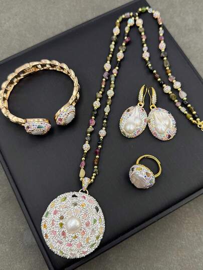 Baroque Pearl & Beryl Vintage Necklace Set, Luxury Niche Personalized Ring, Bracelet, Necklace, Earrings Jewelry (Sold Separately)