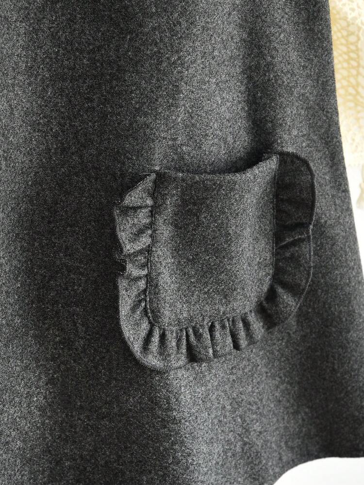 年轻女孩冬季两件套衣服纯色长袖基本款上衣和蕾丝背心连衣裙休闲装 - 灰色 - 查看 7