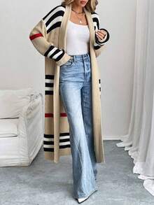 Plus Size Women Striped Drop Shoulder Long Sleeve Casual Loose Knit Cardigan, Autumn - Khaki - View 6