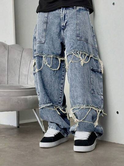 Grunge Goth Y2K Style Fashion Casual Fringe Young Street Chic College Sports Loose Straight Wide Leg Versatile Casual Men Jeans Pants