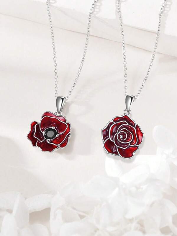 1pc Red Rose/Poppy/Hibiscus/Sunflower Necklace, Enamel Crafted Fashion Jewelry Gift For Women, Floral Series Necklace Suitable For Daily Wear And Holiday Gifts