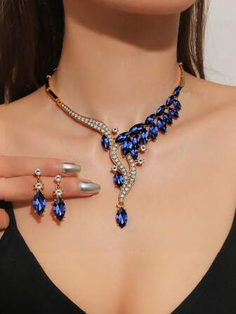 Conjunto de joyería europea y americana de 3 piezas, collar y aretes incrustados con cristal azul marino, regalo elegante para mujeres, fiestas, vestidos formales, Día de la Madre