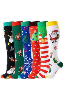 6 par skarpet uciskowych dla kobiet i mężczyzn, skarpety świąteczne, oddychające, wysokie skarpety rurkowe, świąteczne wypełniacze do pończoch, kolorowe skarpety, prezent dla mężczyzn i kobiet na Boże Narodzenie - Wielokolorowe - Zobacz 4