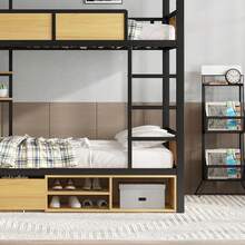 Sairedel Letto a castello robusto in ferro + MDF (nero/naturale) - Con doppio ripiano portaoggetti, robuste ringhiere e scaletta - Ampio spazio portaoggetti e opzione tenda letto - Sicuro e pratico