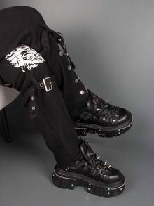 女士平底朋克踝靴，黑色圆头高跟运动鞋，厚底软底摇滚踝靴，系带休闲橡胶滑板鞋 - 黑色 - 查看 10