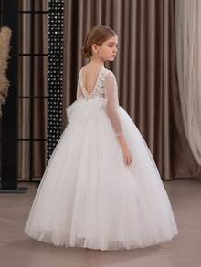 少女白色刺绣蕾丝手工串珠优雅公主裙，适合女孩生日派对、宴会、舞会、花童、伴娘、节日庆典、毕业典礼等场合。 - 白色 - 查看 6