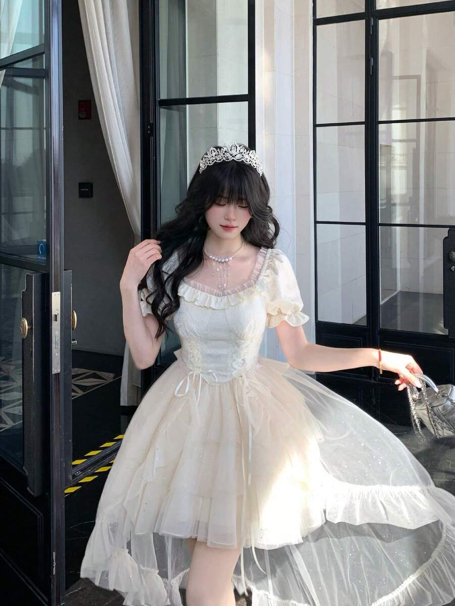 2025 New Arrival Half Love Word Big Ribbon Princess Dress Jacquard Fluffy Fine Glitter Trailing Dress Birthday Dress - Apricot Skirt - View 1