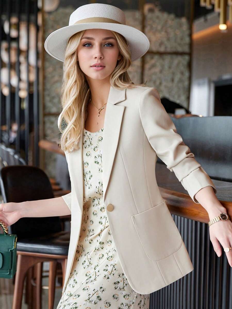 杏色女士西装外套，长袖，2025春秋季新款，百搭休闲时尚西装上衣 - 杏色 - 查看 1