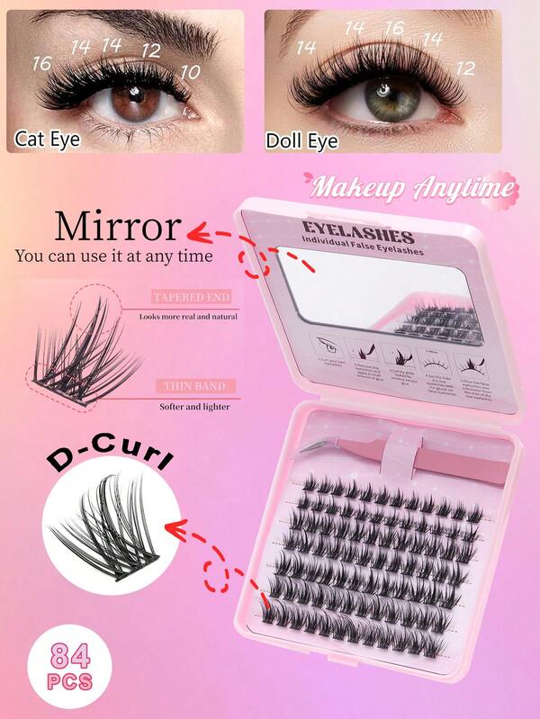 Pink Lash Clusters Kit 84Pcs Lightweight And Seamless Eyelashes 8-16mm D Curl 0.03mm Clusters Extensions Kit Individual Lashes With Tweezers