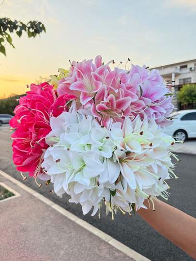 1 Bouquet, New High-Quality 12-Head Artificial Lily, Home Decor, Wedding Photography Decoration, Bridal Bouquet