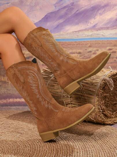 1 Pair Vintage American Style Casual Mid-Calf Boots, Versatile For Teen Girls