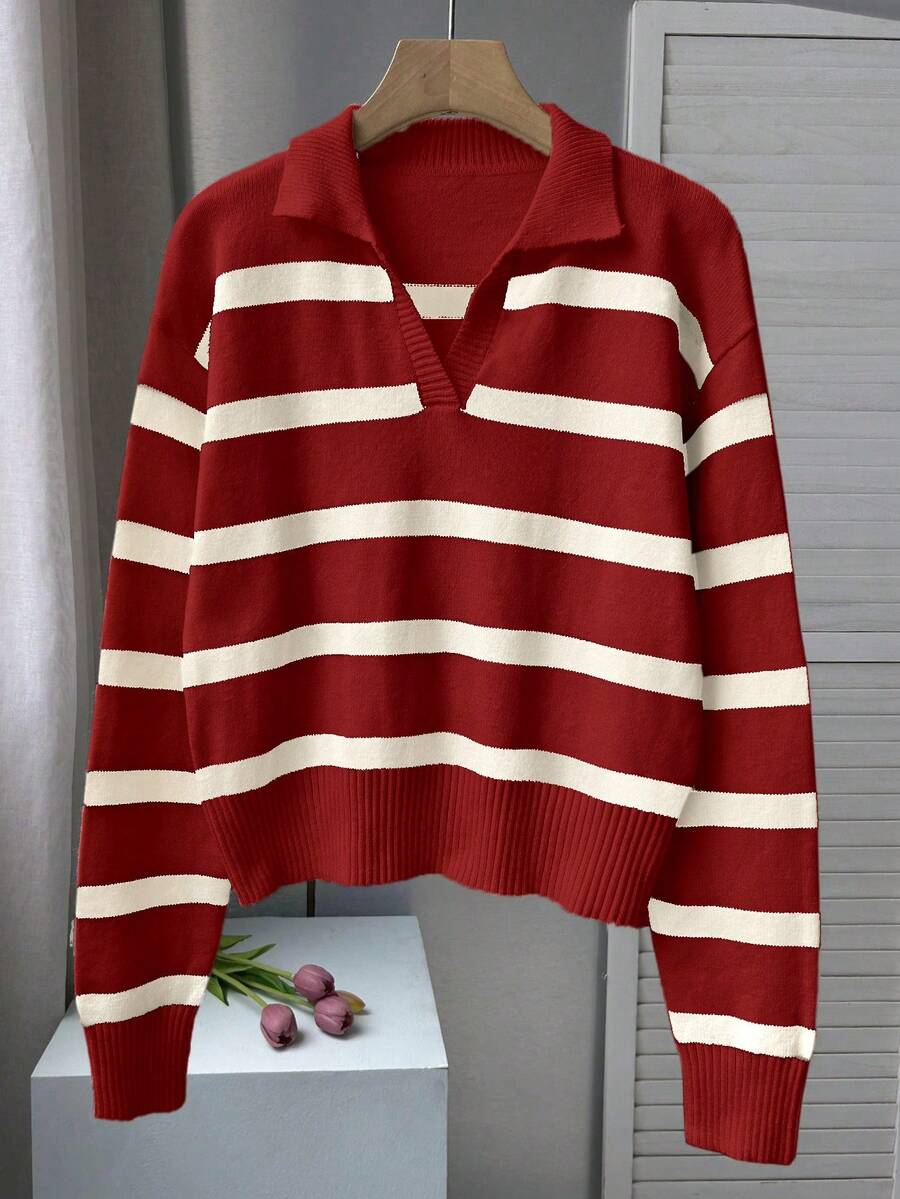 Áo len dài tay cổ polo phối màu tương phản kẻ sọc kiểu retro mùa xuân & thu mới, áo chui đầu dáng rộng cài nửa cổ điển dành cho nữ, thích hợp cho năm mới. - Rượu vang đỏ đặc biệt và trắng ngọc trai - Xem 1