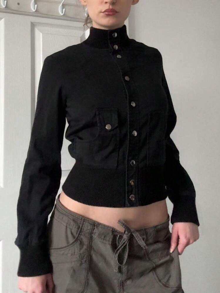 黑色单排扣立领女士休闲长袖外套，复古Y2K风格开衫，适合秋冬季穿着 - 黑色 - 查看 3