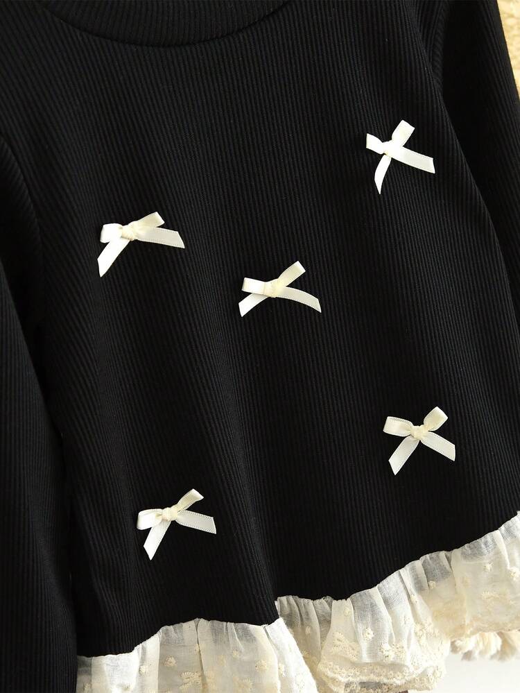 秋季少女休闲针织面料长袖蝴蝶结上衣和条纹长裤两件套 - 黑色 - 查看 4