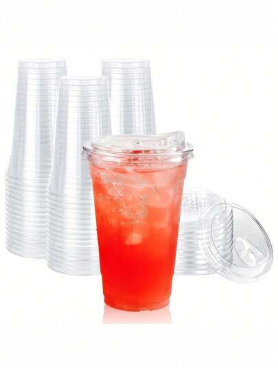 10/20/50pcs Single-Use PET Plastic Cup Set Of 50, With CAP-16/20/24 Oz Crystal Clear Leak-Proof Durable Cup,  Suitable For Cold Drinks And Beverages