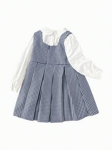 Balabala Girls Dress Set Autumn Plaid Shirt + Pleated Skirt 2 Pieces Outfit