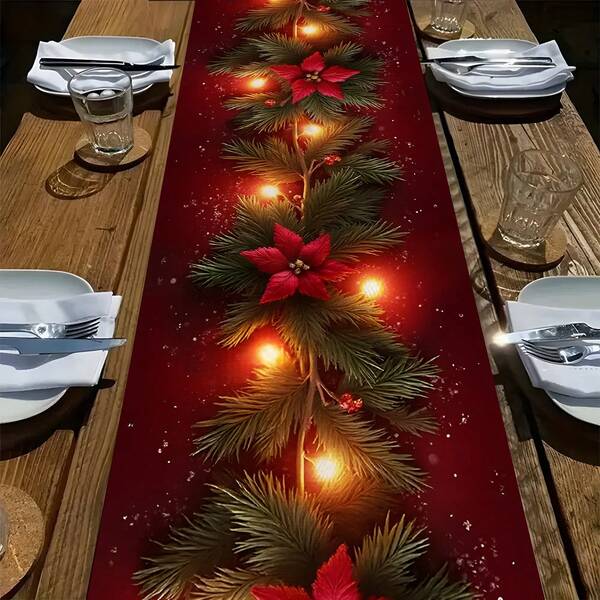 1 pieza Bandera de mesa decorativa con rama de pino navideña y farol rojo, de poliéster. Diseño de patrón realista y duradero. Bandera de mesa perfecta para decorar la fiesta de Navidad familiar, la mesa del hogar. Suministros de decoración para Año Nuevo 2026, decoración navideña, adornos navideños, regalos de Navidad, decoraciones navideñas para el hogar 2026