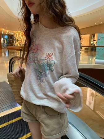 女士刺绣蝴蝶长袖 T 恤，舒适透气百搭休闲夏季防晒罩衫