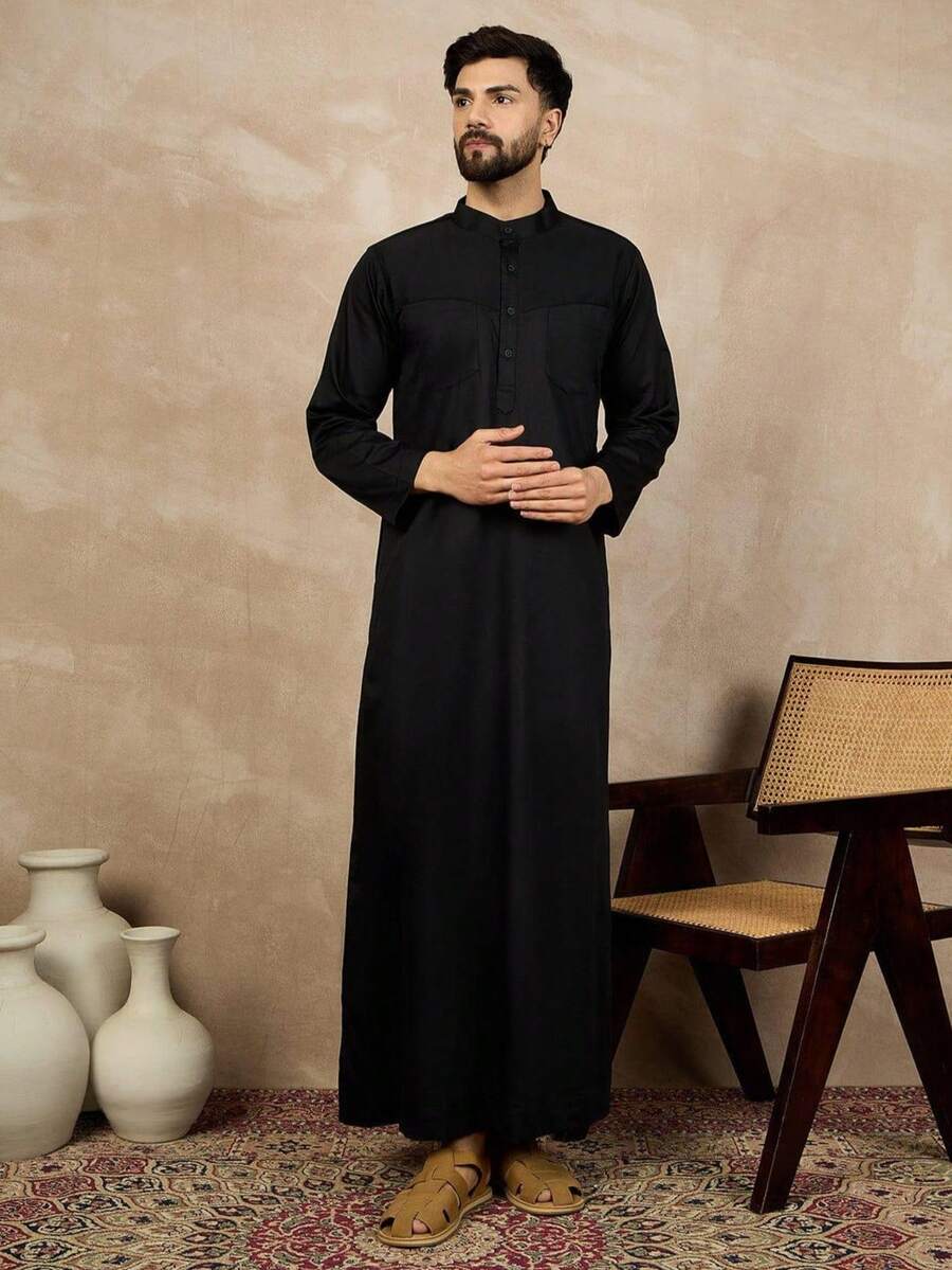 Men's Solid Color Casual Daily Wear Stand Collar Front Button Pocket Arabic Traditional Robe, Autumn/Winter