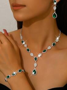 1 Set Fashion Waterdrops Rhinestone Earrings Necklace Bracelet Jewelry Set, Suitable For Women's Daily, Wedding, Banquet & Party Wear