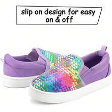 Toddler Girls Glitter Slip-On Sneakers – Sequin Canvas Walking Shoes, Lightweight & Non-Slip Casual Shoes - Purple Rainbow - 查看 2