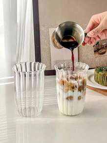 1PC 420ml 14.2oz Vertical Stripes Glass Cup, Flower Shaped Water Cup, Iced Coffee Cups, Drinking Cups, Transparent Glass Cup, Portable And Simple Style Water Cup, Reusable High-Quality Coffee & Juice Cup, Multi Functional Beverage Container, Perfect For Home, Office, Beach, All Kinds Of Parties, Suitable For Cold Drinks, Coffee, Juices, Whiskey, Milk, Iced Americano And Latte Drinks, Drinking Glass ﻿