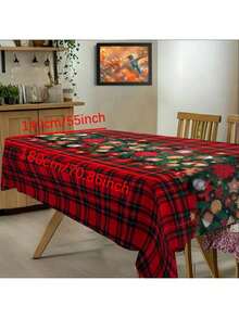 1 Stück Polyester-Tischdecke, Weihnachtsthema Tischdecke mit rotem Karomuster, dekoriert mit Tannenzweigen, goldenen Kugeln, Orangenscheiben und Lebkuchen, perfekt zum Dekorieren von Esstischen, um eine warme und festliche Atmosphäre für Familienfeiern und Feiertagsveranstaltungen zu schaffen. Geeignet für Gartenpartys, Picknicks, Abendessen, ideal für Heim- und Restaurantdekor.