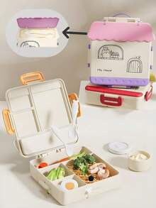 1pc Children's Portable Lunch Box, Microwave Lunch Box, Office Worker Lunch Box, Pp Material, Light And Beautiful, Material, Strong Buckle, Sealed And Leak-Proof, Multi-Grid Design, No Odor, Easy To Clean, Handle Design, Easy To Carry, Comes With Sauce Box - Multicolor - View 2