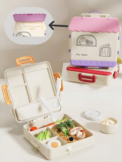1pc Portable Lunch Box For Children/Baby Access/Microwave Lunch Box/Office Worker Lunch Box/Fruit Bowl/Kids Lunch Box/Material: PP/Capacity Approx. 1000ml/Sturdy And Durable Buckle With Fork And Spoon Compartment/Leak-Proof And Leak-Proof, Multi-Compartment Design/Easy To Clean, Handle Design For Easy Carrying, Includes A Sauce Container