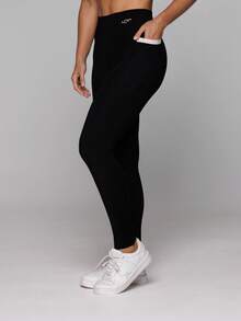LOT FITNESS Black Polyamide Leggings With Pocket, Polyamide Gym, Women's Flower Duo Collection - Black - View 1