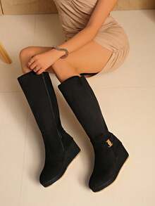 [Recommend Sizing Up One Size] Elegant Women's Over-The-Knee Boots, Classic Solid Color Round Toe Mid-Calf Boots, Wedge Heel Thick Sole Round Toe, Velvet, Warm For Autumn/Winter Outdoor, Side Zipper Casual Winter Boots, 12.5 Inch Shaft Height, Suitable For Autumn/Winter Outdoor Casual, Classic Versatile - Black - View 6