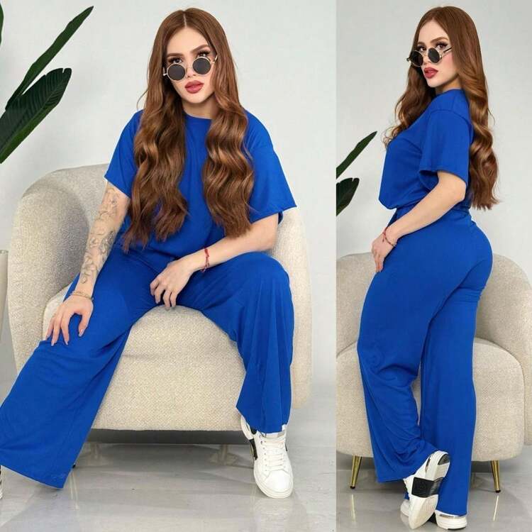 Conjunto 2 pzas Playera holgada, pantalon ajustado-acampanado - Azul - Añade 2