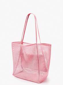 大容量可折叠网眼游泳包带口袋，沙滩网袋透明手提包挖沙袋适合海边度假，沐浴游泳洗漱用品收纳袋，网眼手提包学校手提包适合少女度假、假日、购物 - 卡其色 - 查看 11