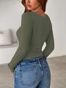 Women Spring And Fall Long Sleeve Shirts Ribbed Crewneck Fitted Basic Tee Going Out Tops Casual Workout Vacation Outfits - 軍綠色 - 查看 2