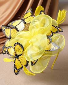 Organza Fascinators Hats - Monarch Tea Party Hat With Hairpin, 2025 Derby Headwear - Màu vàng - Xem 4