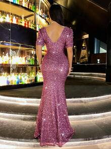 CHOSMO New Style Solid Metallic Shiny Elegant Sequin Front Short Back Long Women's Dress, Suitable For Evening Date, Wedding, Party, Anniversary, Formal Gala, Ceremony, Wedding Guest, Graduation, Recital, Stage And Concert, Fourth Quarter, Valentine's Day - Coral Pink - View 3