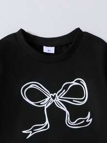 两件套女童复古休闲蝴蝶结印花卫衣和3D蝴蝶结牛仔裤套装，春秋季