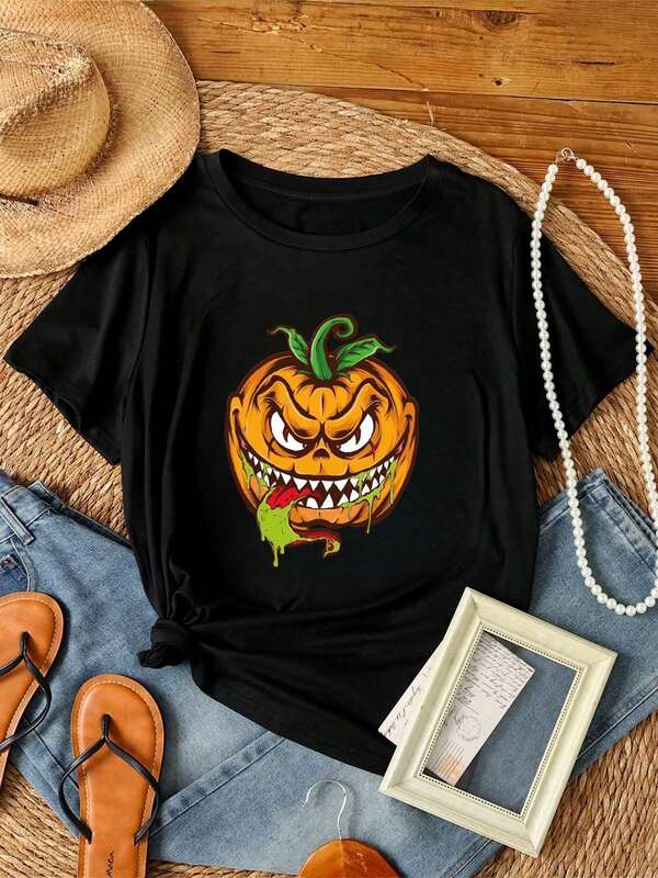 180g pure Cotton Halloween Shirt, Pumpkin Face Graphic Tee, Spooky Pumpkin Halloween Shirt, Scary Pumpkin Shirt, Trick Shirt, Horror Shirt, Halloween Tee Versatile fashion graphic Soft Stylish Top For Everyday Wear streetwear Slightly Unisex Casual Stretched
