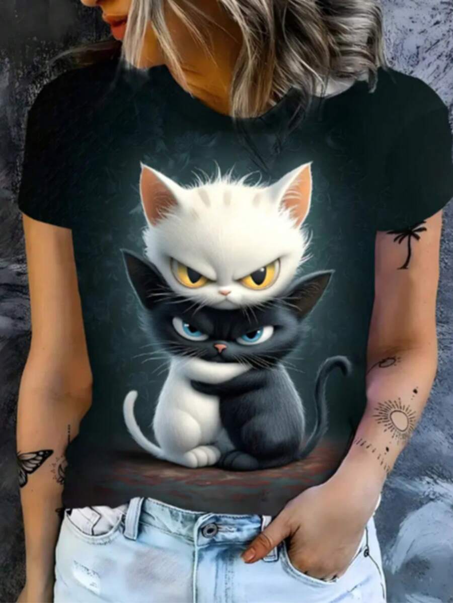 Women's Round Neck T-Shirt With Retro Animal Design Print, Fashion Colorful Cats Print T-Shirt For Women, Casual Short Sleeve T-Shirt, Promotion Women's Tops, Comfort For All Seasons - 黑色 - 查看 1