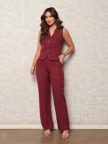 New Stylish And Elegant Summer Suits Vest And Pants Set - 酒紅色 - 查看 1