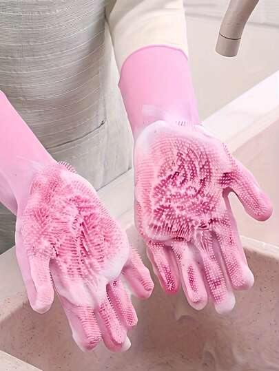 1/2/4 Pairs Durable Silicone Imitation Leather Kitchen Cleaning & Dishwashing Gloves, Waterproof For Household Chores, Vegetable Washing, Dish Cleaning, Thick & Wear-Resistant Kitchen Gloves
