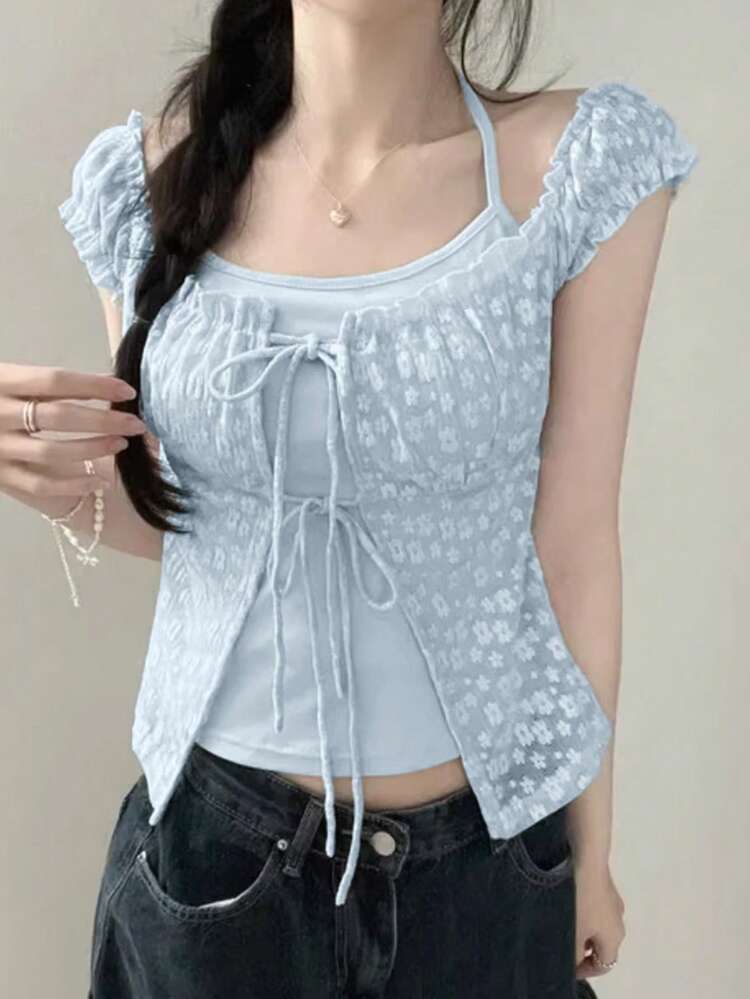 Chiffon Blouse Women Summer Korean Design Unique Lace Ditsy Floral 2 In 1 Halter Crop Short Sleeve Top - Blue - View 3