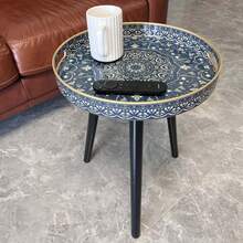 طاولة جانبية دائرية بطراز بوهيمي مع أرجل خشبية قابلة للفك - مثالية للاستخدام في الخارج والشرفة وغرفة النوم للاسترخاء | سهلة التركيب