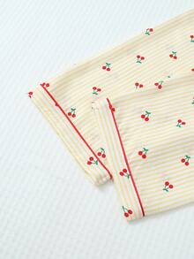 2pcs Women Comfortable Yellow & White Striped Cherry Print Pajama Set, Long Sleeve Button Collar Top And Pants, Casual Sleepwear For Home Use, Autumn/Winter, Fall Clothes