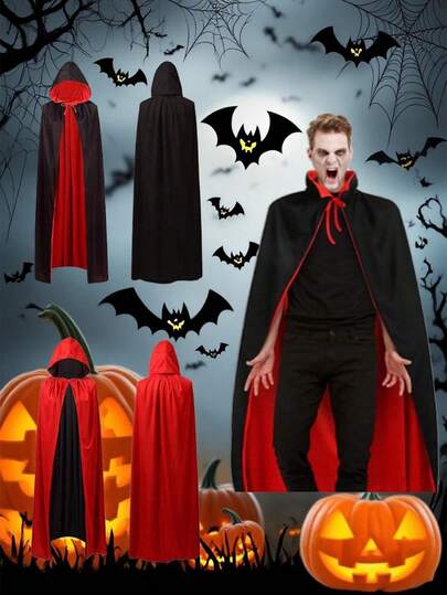 1 件酷炫万圣节角色扮演双面黑红连帽斗篷 - 非常适合派对和节日装扮道具，可扮演吸血鬼或任何其他角色