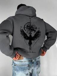 Herren Lässiger Street Eagle Muster Tasche Kordelzug Hoodie, Frühling/Herbst, Emo Stil, 2000er Jahre Stil