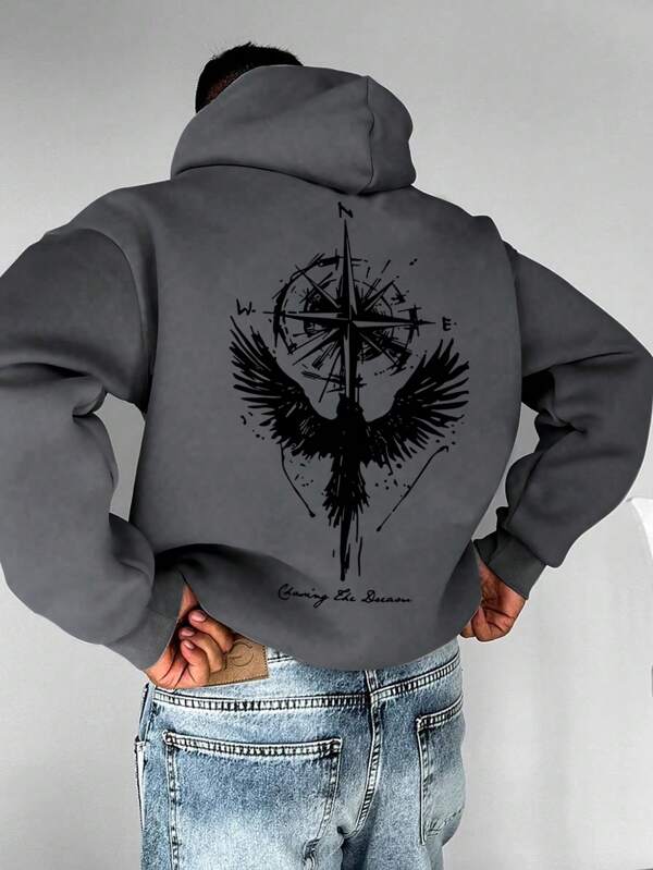 Męska bluza z kapturem i ściągaczem, z nadrukiem orła, w stylu casual, wiosna/jesień, styl emo, styl lat 2000.