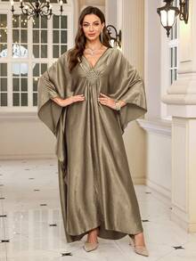 Elegant Women's Champagne Satin Kaftan Dress, Batwing Sleeve Casual Loungewear Spring - Rượu sâm banh - Xem 5